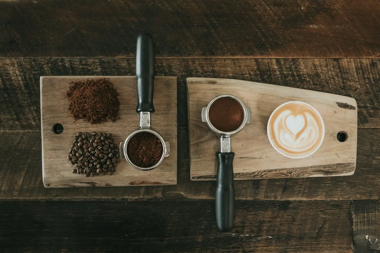 Coffee beans and a flat white from above