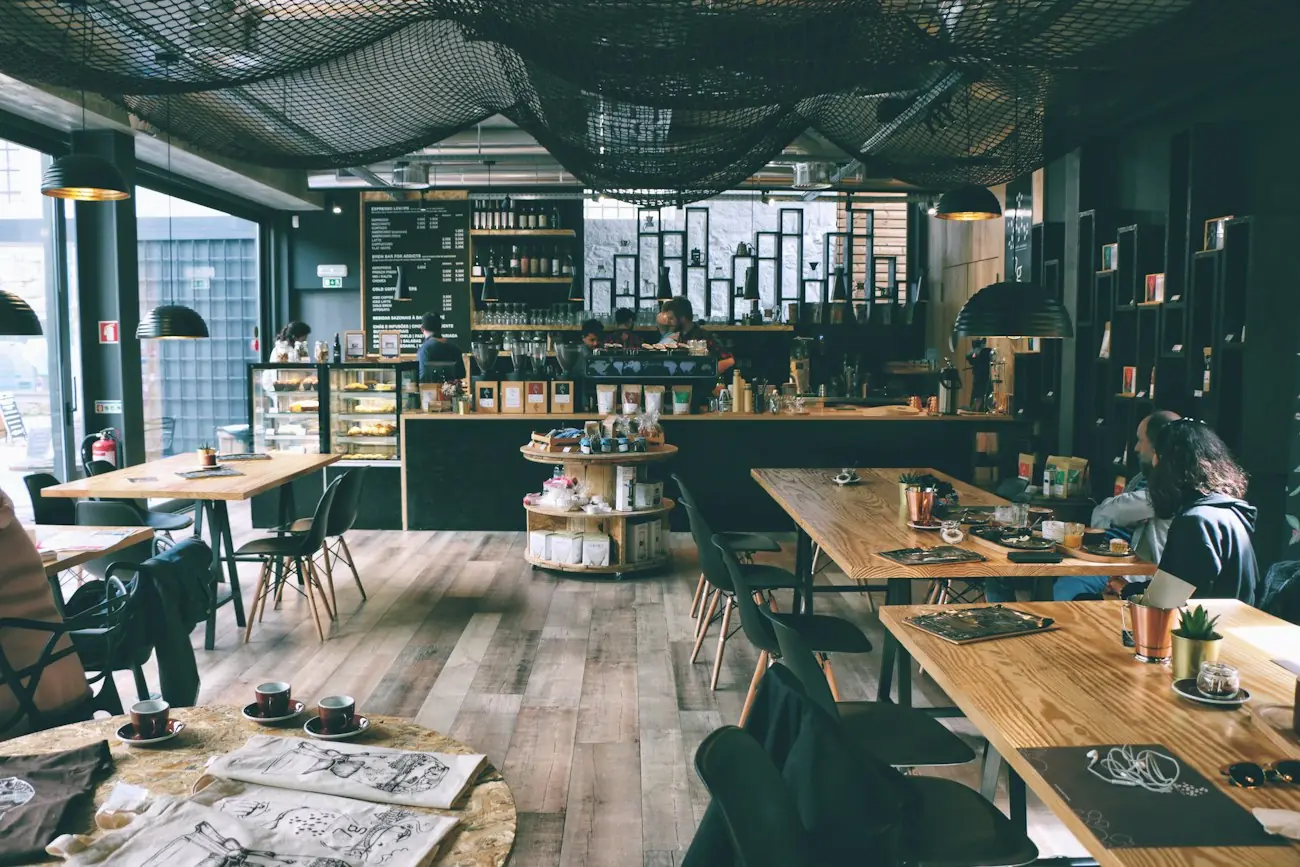 Cafe interior with wooden tables
